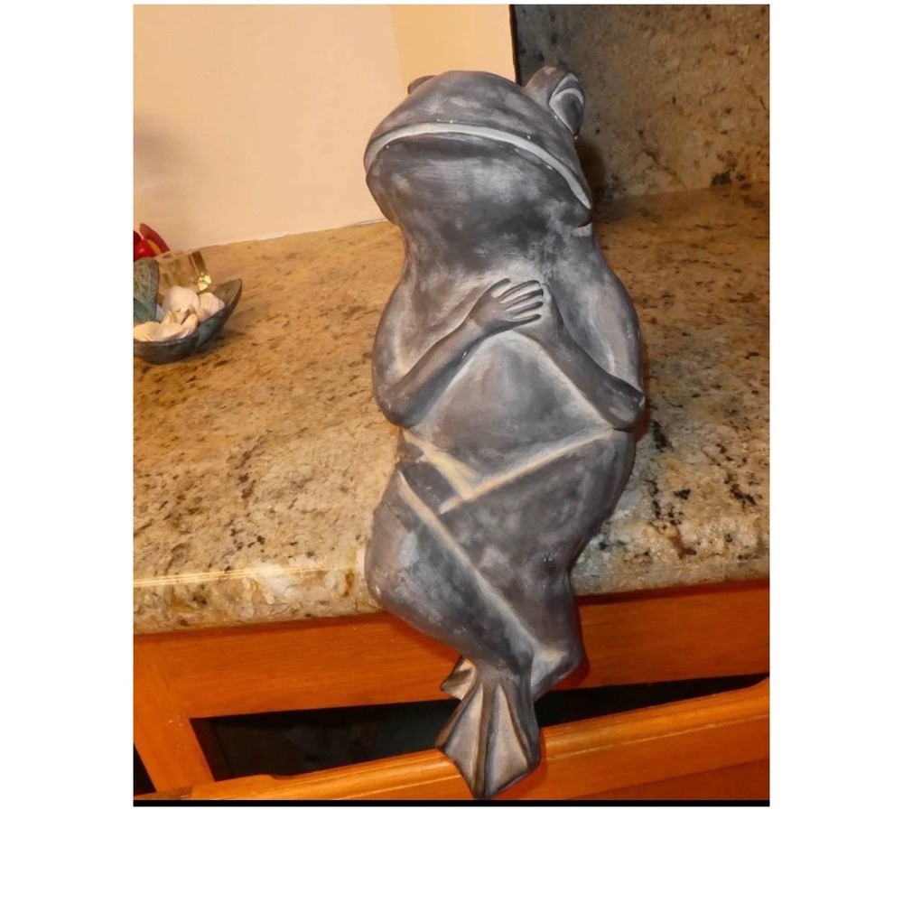 Resin Frog Shelf Sitter Figurine Gray Stone Finish Garden Decor 9in
